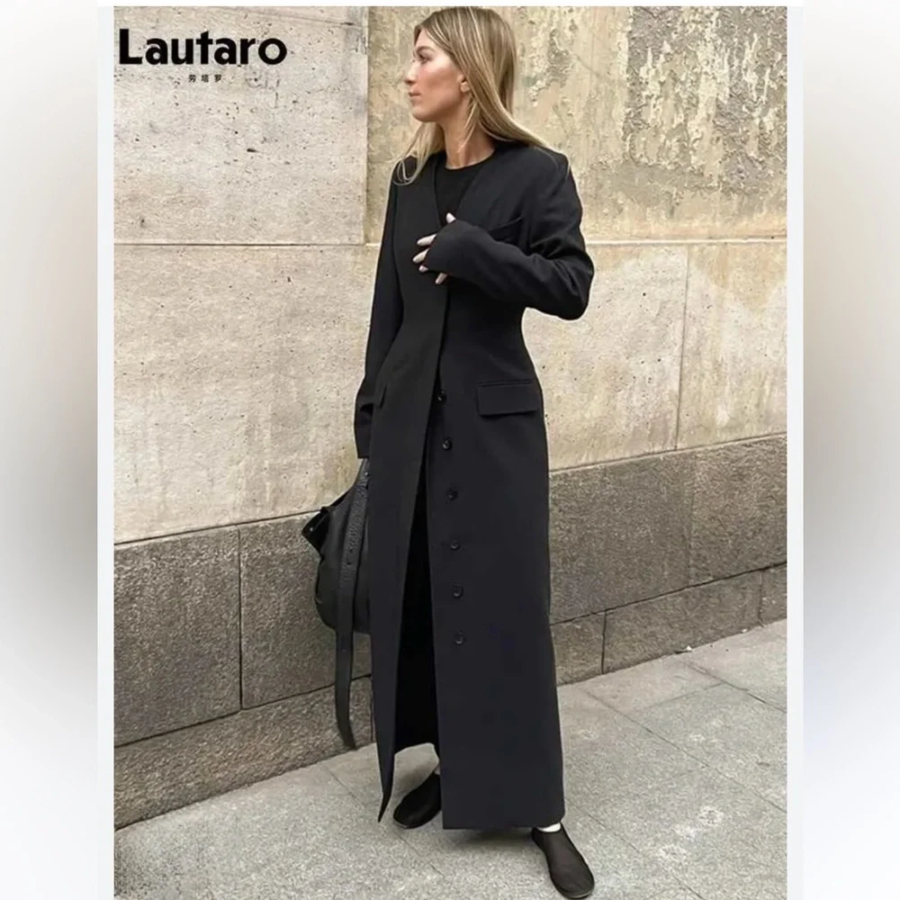 Gallery Vintage Black Long Floor Length Button Down Collared Trench Coat Small - Picture 2 of 11